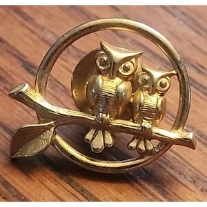 Vintage Avon Hat Lapel Pin Brooch Circle Gold Tone Two Owls On A Branch